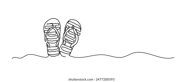 Flip flops dibujo continuo de una línea, elemento de arte de una sola línea, Ilustración vectorial minimalista de línea de boceto, concepto de vacaciones de viaje de verano