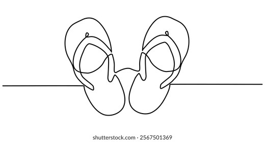 Flip flops continuous one line drawing, single line art element, minimalist sketch line vector illustration, summer travel holiday concept. Continuous one line drawing of slippers for beach. Summer. 