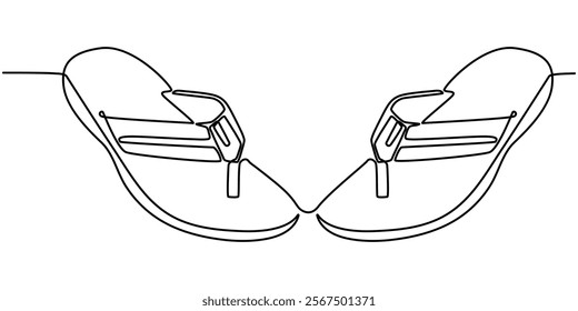 Flip flops continuous one line drawing, single line art element, minimalist sketch line vector illustration, summer travel holiday concept. Continuous one line drawing of slippers for beach. Summer. 