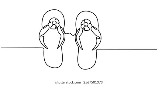 Flip flops continuous one line drawing, single line art element, minimalist sketch line vector illustration, summer travel holiday concept. Continuous one line drawing of slippers for beach. Summer. 