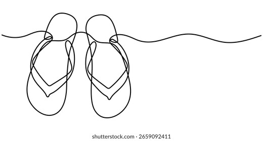 Flip flops contínuo um desenho de linha, elemento de arte de linha única, ilustração de vetor de linha de esboço minimalista, conceito de viagem de verão. Desenhado à mão Traço editável.
