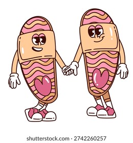 Flip Flops couple with striped straps, heart details and smiling faces forming playful summer beach characters. Flip Flops in retro groovy cartoon outline style vector illustration.