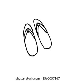 Flip flops in doodle style. Hand drawn vector illustration in black ink on white background. Isolated outline.