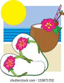 Flip Flops and Drink A collection of illustrations symbolizing the simple highlights of a tropical vacation.