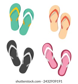 Flip flops flat vector set. Colorful flip flops illustration in cartoon style. Hello summer concept. Summer vacation item. Summer accessories.