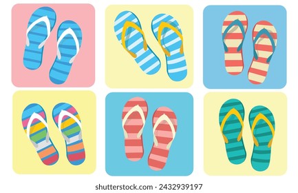 Flip flops flat vector set. Colorful flip flops illustration in cartoon style. Hello summer concept. Summer vacation item. Summer accessories.