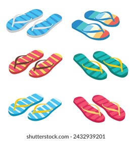 Flip flops flat vector set. Colorful flip flops illustration in cartoon style. Hello summer concept. Summer vacation item. Summer accessories.