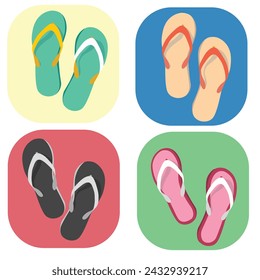 Flip flops flat vector set. Colorful flip flops illustration in cartoon style. Hello summer concept. Summer vacation item. Summer accessories.