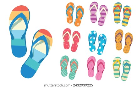 Flip flops flat vector set. Colorful flip flops illustration in cartoon style. Hello summer concept. Summer vacation item. Summer accessories.