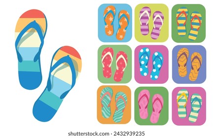 Flip flops flat vector set. Colorful flip flops illustration in cartoon style. Hello summer concept. Summer vacation item. Summer accessories.