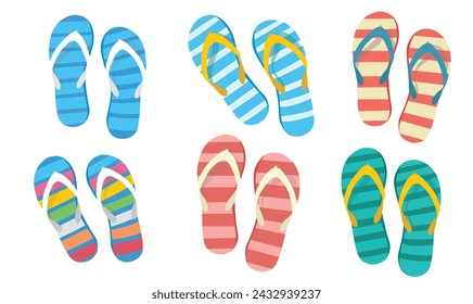 Flip flops flat vector set. Colorful flip flops illustration in cartoon style. Hello summer concept. Summer vacation item. Summer accessories.