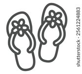 Flip flops with flowers line icon, summertime footwear concept. Vector graphics. Beach shoes sign on white background, outline style icon for mobile or web design