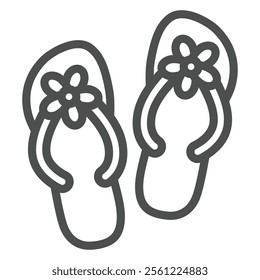 Flip flops with flowers line icon, summertime footwear concept. Vector graphics. Beach shoes sign on white background, outline style icon for mobile or web design