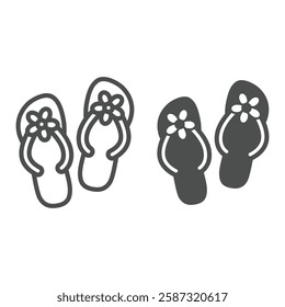 Flip flops with flowers line and solid icon, summertime footwear concept. Vector graphics. Beach shoes sign on white background, outline style icon for mobile or web design