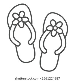 Flip flops with flowers thin line icon, summertime footwear concept. Vector graphics. Beach shoes sign on white background, outline style icon for mobile or web design