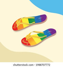 Flip flops with gradient mesh, LGBT, vector illustration. Composition on a background of beach colors in sandy, blue tones. Design and decoration of a tourist destination