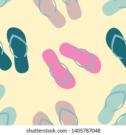 Flip flops, green and pink, on sand. Vector seamless pattern.