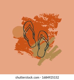 Flip Flops Hand Drawn Outline. Top View. Isolated On Beige Background With Charcoal Strokes. Summer Vector Illustration In Trendy Style In Sober Colors. Modern Sketch. Design Element For Icon.