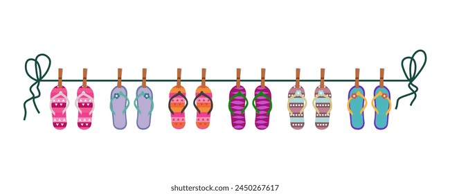 flip flops hang on the rope attached with clothespins vector illustration