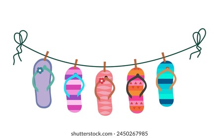 flip flops hang on the rope attached with clothespins vector illustration.