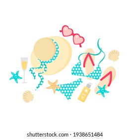 Flip flops, hat, bikini with sunglasses,  sun cream, Champaign, sea shell and starfish. Top view of summer items. Flat vector illustration in cartoon style, isolated on white background