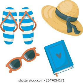 Flip flops, hat, glasses, book, beach