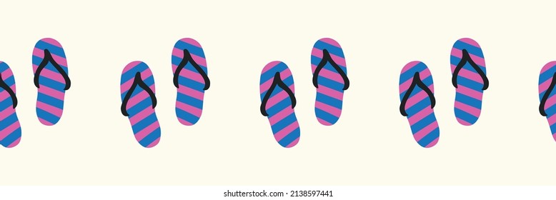 Flip Flops Horizontal Seamless Vector Border. Repeating Summer Shoe Pattern Summer Beach Theme Hand Drawn Pink Blue. Use For Footer, Header, Banner, Ribbon, Fabric Trim, Card Decor, Beach Wear