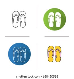 Flip flops icon. Flat design, linear and color styles. Summer slippers. Isolated vector illustrations