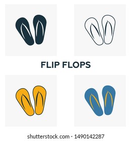 Flip Flops icon set. Four elements in diferent styles from clothes icons collection. Creative flip flops icons filled, outline, colored and flat symbols.