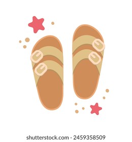 Flip flops icon with starfishes. Cute colorful shoes for summer design. Beach vacation concept. Vector cartoon illustration isolated on white. Flat design.