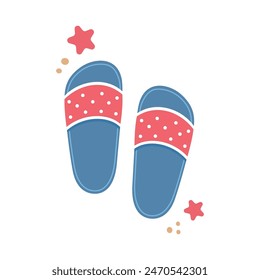 Flip flops icon with starfishes. Cute colorful shoes for summer design. Vector cartoon illustration. Beach holidays