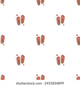 Flip flops icon with starfishes seamless pattern. Cute texture for summer design. Beach vacation concept. Vector cartoon illustration isolated on white. Flat design.