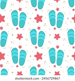 Flip flops icon with starfishes seamless pattern. Cute texture for summer design. Beach vacation concept. Vector cartoon illustration isolated on white. Flat design.