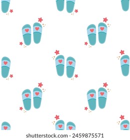 Flip flops icon with starfishes seamless pattern. Cute texture for summer design. Beach vacation concept. Vector cartoon illustration isolated on white. Flat design.