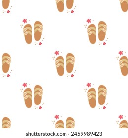 Flip flops icon with starfishes seamless pattern. Cute texture for summer design. Beach vacation concept. Vector cartoon illustration isolated on white. Flat design.