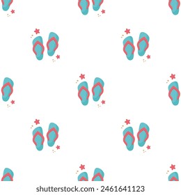 Flip flops icon with starfishes seamless pattern. Cute texture for summer design. Beach vacation concept. Vector cartoon illustration isolated on white. Flat design.