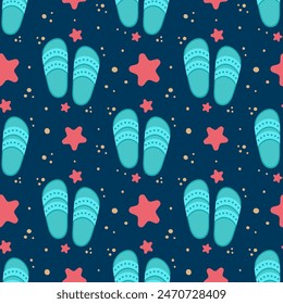 Flip flops icon with starfishes seamless pattern for summer design. Vector cartoon illustration. Beach holidays