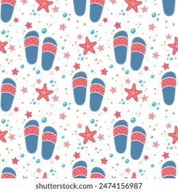 Flip flops icon with starfishes seamless pattern for summer design. Vector cartoon illustration. Beach holidays