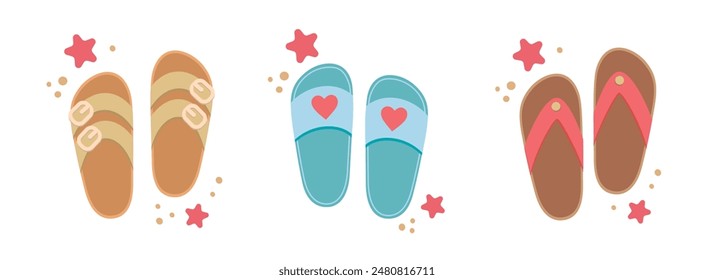 Flip flops icon with starfishes set. Cute colorful shoes collection for summer design. Beach vacation concept. Vector cartoon illustration isolated on white. Flat design.