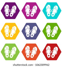 Flip flops icons 9 set coloful isolated on white for web