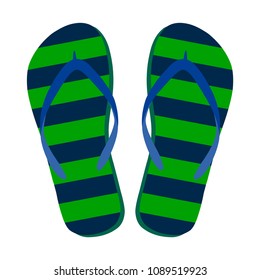 Flip flops isolate on a white background. Slippers icon. Colored flip flops green dark blue striped on white background. Vector illustration EPS10.