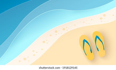 Flip flops on beach. Sandy beach background. Top view and copy space. Yellow slippers on sand at the beach. Paper cut and craft style illustration. Top view