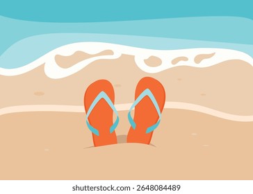 Flip flops on the beach. Sandy coast and waves. Summer vector illustration for banner, card, invitation, sales.