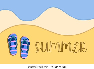 Flip flops on a sandy beach with the word summer written on it