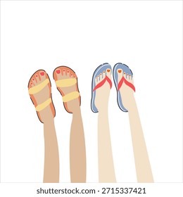 Flip Flops auf Sandstrand. Summer Flip Flops. Flip Flops am Strand. Sommer-Vektorgrafik für Banner, Karte, Einladung, Verkauf. Schöne weibliche Beine mit lackierten Nägeln in Flip-Flops.