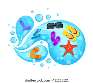 Flip flops on the wave of the sea. Concept Summer beach holiday. Vacations in the tropics, vacation on the islands. Flip flops on the wave. Illustration of beach tourism, travel agency. Stock vector