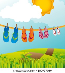 flip flops over beautiful landscape background. vector illustration