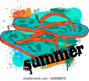 Flip flops over paint color splash isolated over white. Vector file layered for easy manipulation and custom coloring