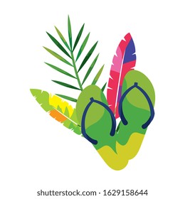 flip flops pair with exotic feathers and tropical leaf vector illustration design