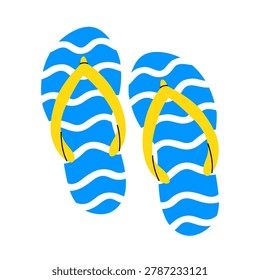 Flip flops pair. Summer sandals shoes. Blue beach slippers with white waves pattern and yellow straps. Sea vacation footwear elements vector